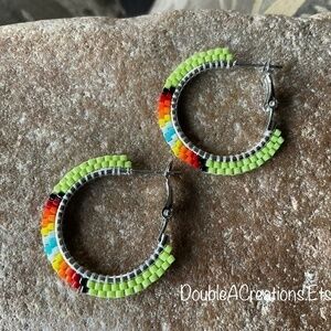 LIME Green with Native Colors 1” Beaded Hoops
